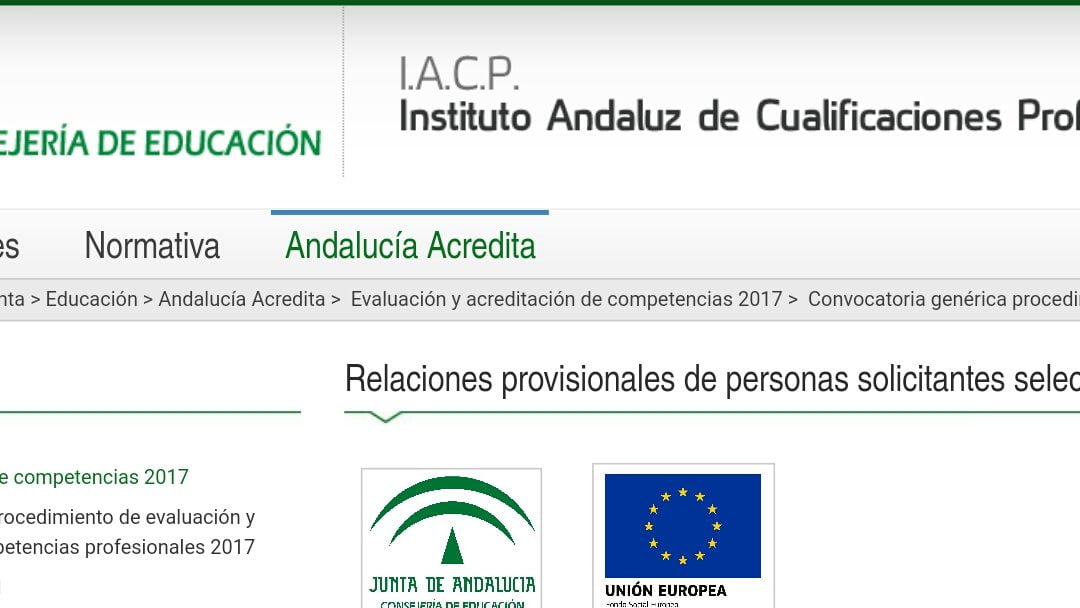 Instrucción en Yoga. Junta de Andalucía, Acredita 2017: Relaciones provisionales de personas solicitantes seleccionadas y excluidas