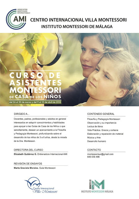 Curso de Asistentes Montessori de Casa de los Niños. AMI. Málaga. Primavera. Descuento para soci@s del IAYoga de 20€